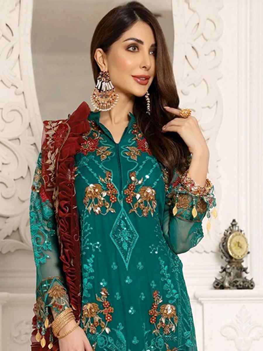 Teal Heavy Georgette Embroidered Festival Party Pant Salwar Kameez