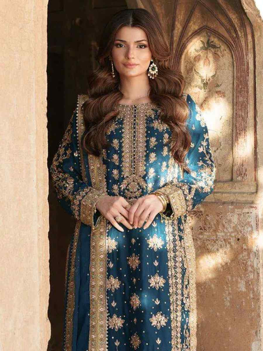 Teal Heavy Georgette Embroidery Party Wedding Festival Casual Ready Pant Salwar Kameez