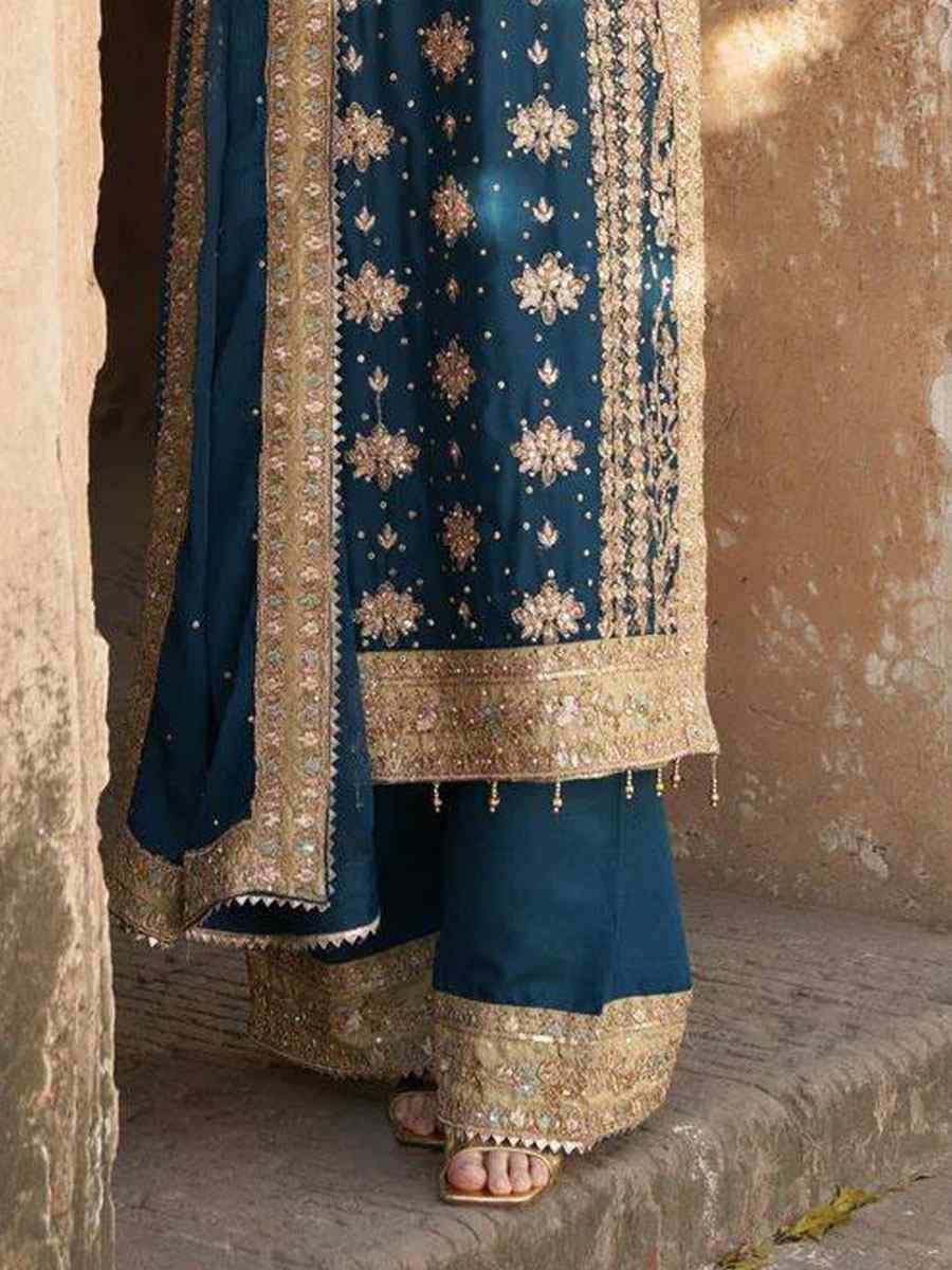 Teal Heavy Georgette Embroidery Party Wedding Festival Casual Ready Pant Salwar Kameez