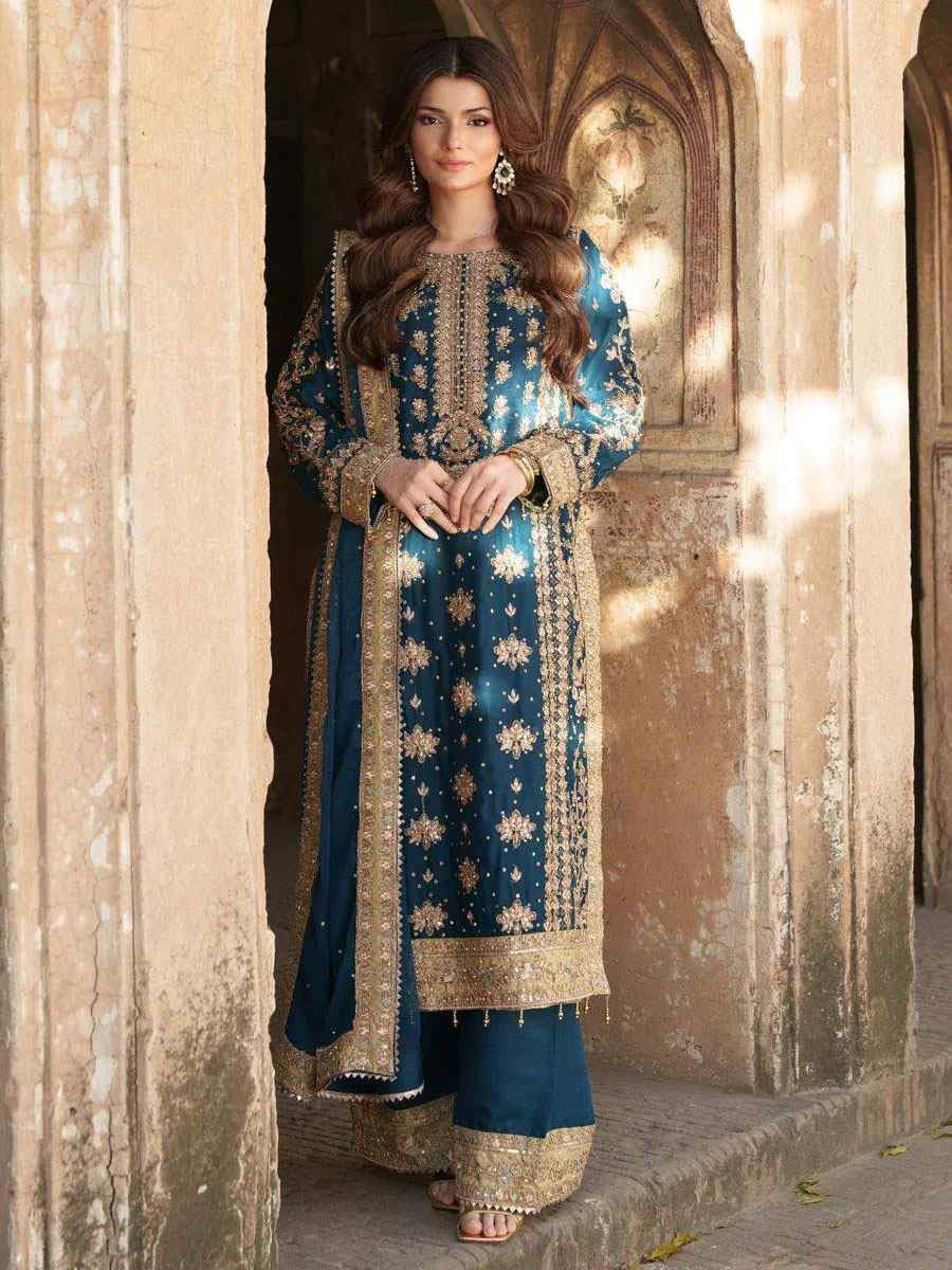 Teal Heavy Georgette Embroidery Party Wedding Festival Casual Ready Pant Salwar Kameez