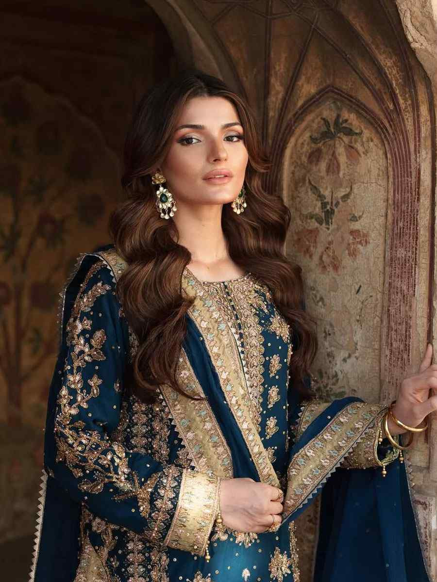 Teal Heavy Georgette Embroidery Party Wedding Festival Casual Ready Pant Salwar Kameez