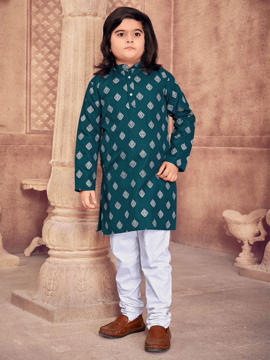 Teal Heavy Magic Cotton Slub  Printed Festival Traditional Kurta Pyjama Boys Wear