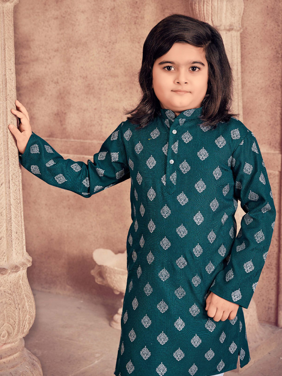 Teal Heavy Magic Cotton Slub  Printed Festival Traditional Kurta Pyjama Boys Wear