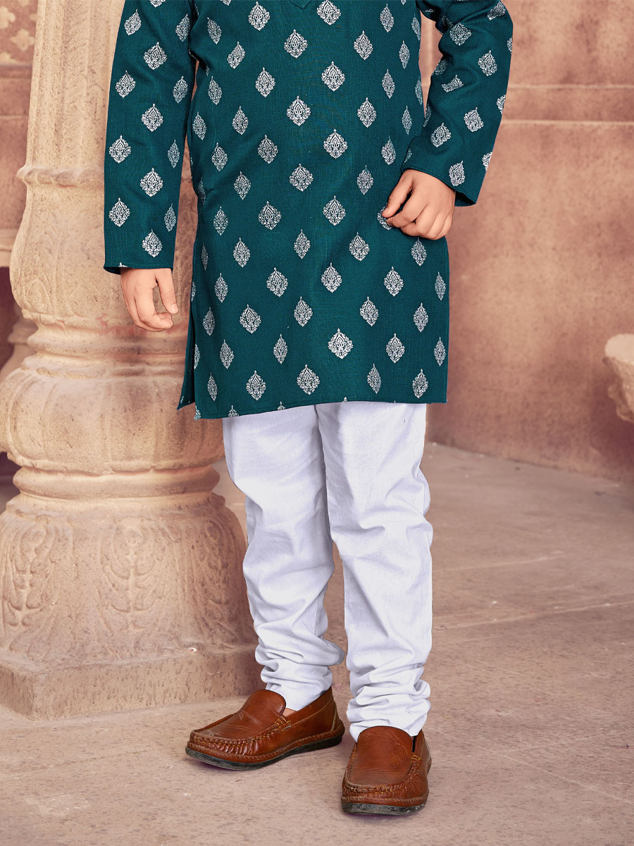 Teal Heavy Magic Cotton Slub  Printed Festival Traditional Kurta Pyjama Boys Wear
