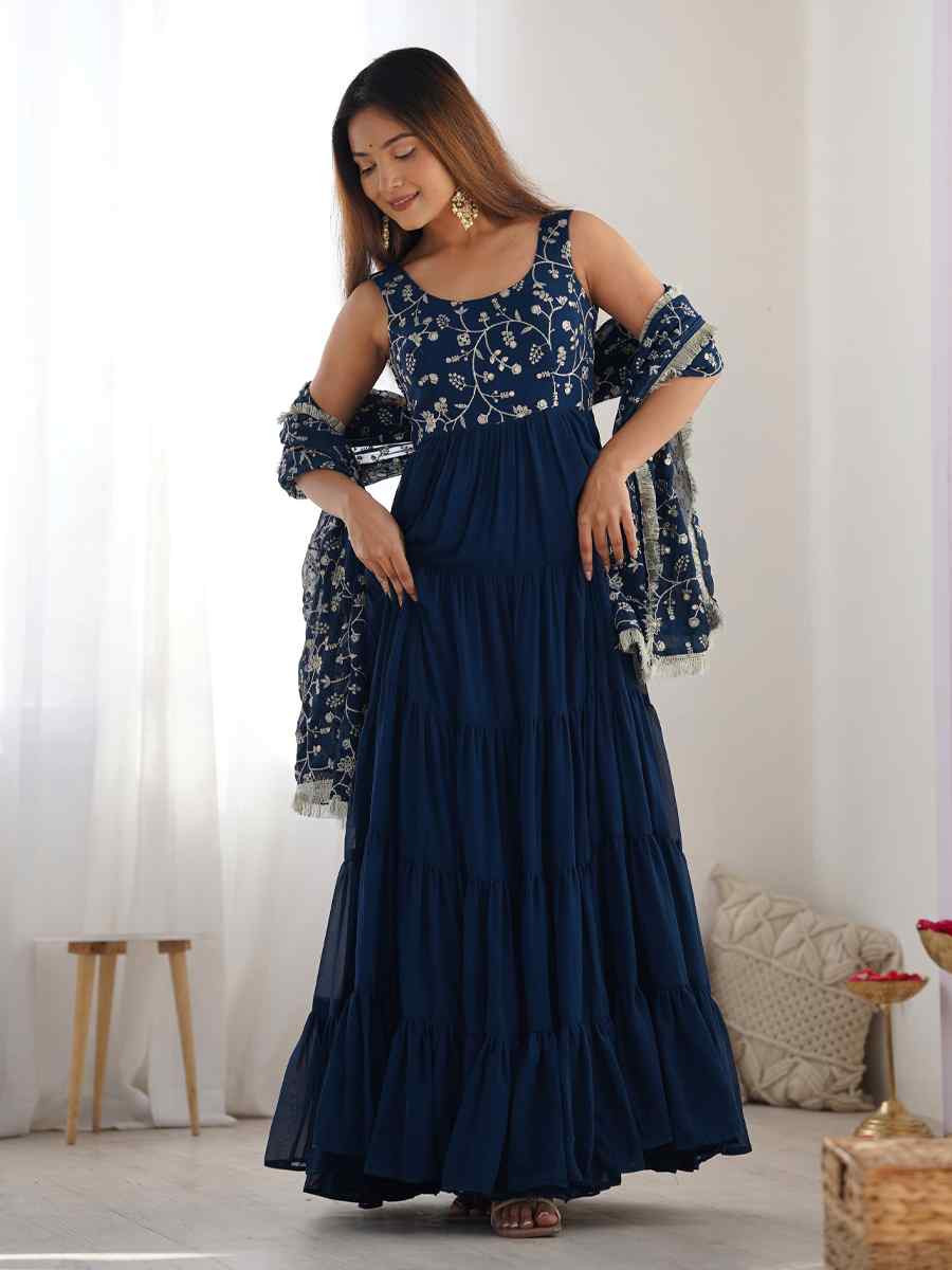 Teal Heavy Pure Soft Fox Georgette Embroidered Festival Casual Ready Anarkali Salwar Kameez