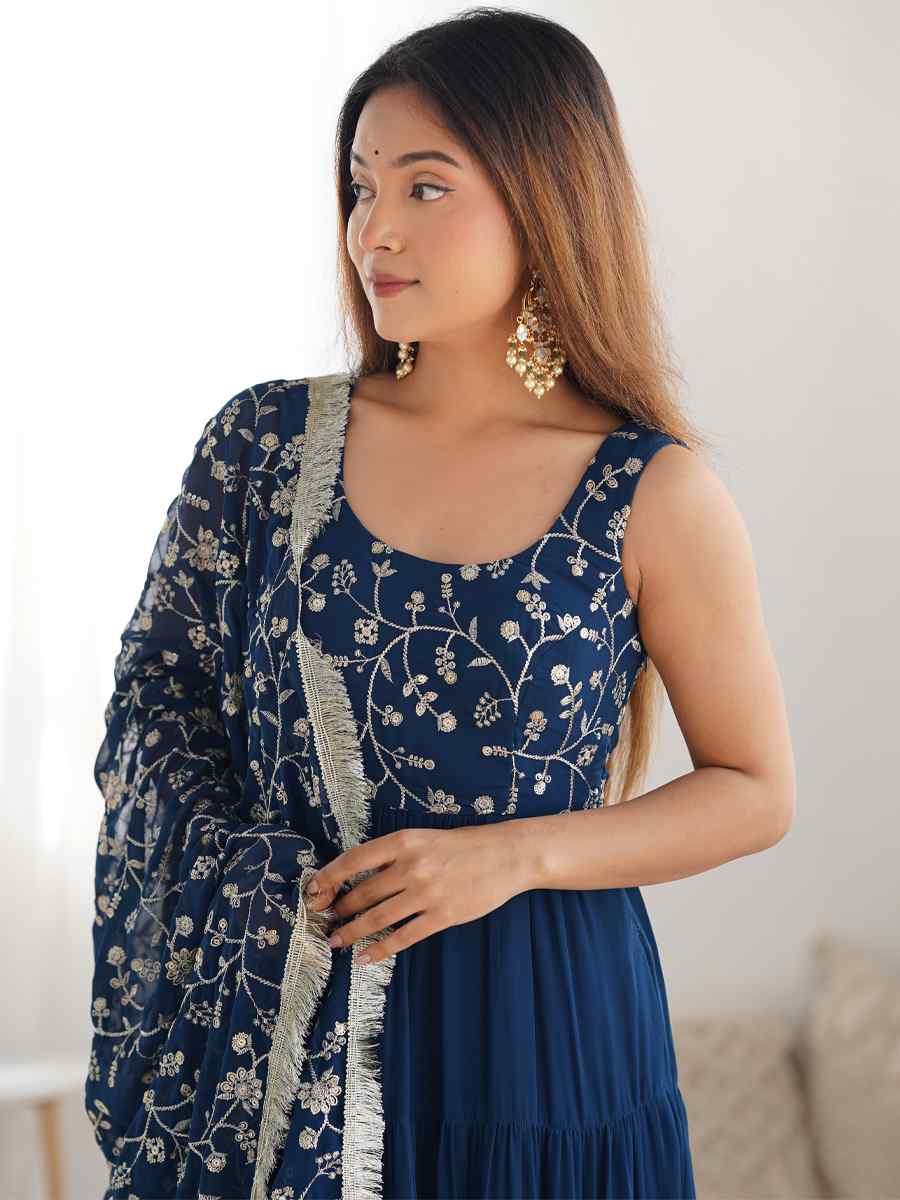 Teal Heavy Pure Soft Fox Georgette Embroidered Festival Casual Ready Anarkali Salwar Kameez