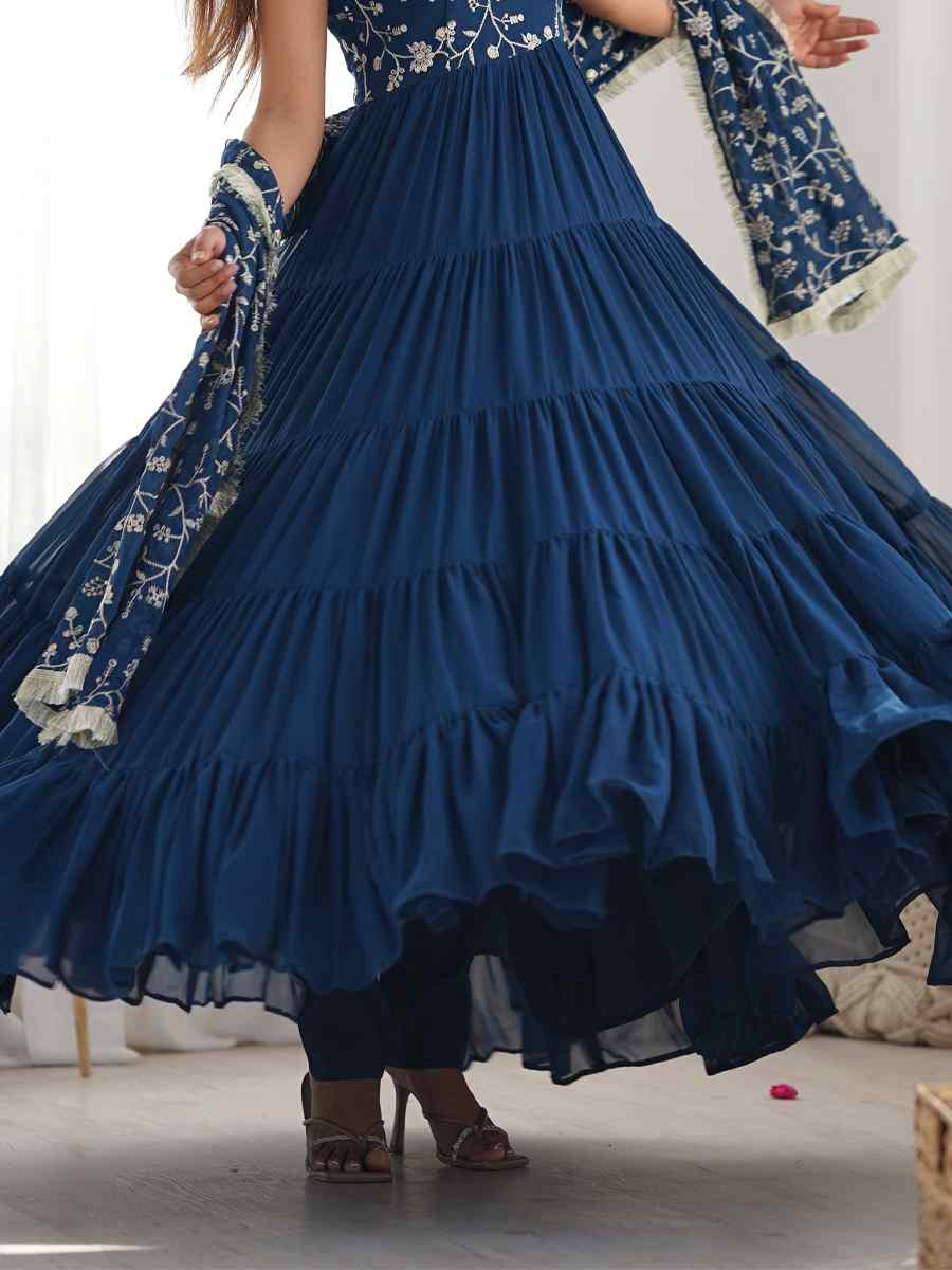 Teal Heavy Pure Soft Fox Georgette Embroidered Festival Casual Ready Anarkali Salwar Kameez