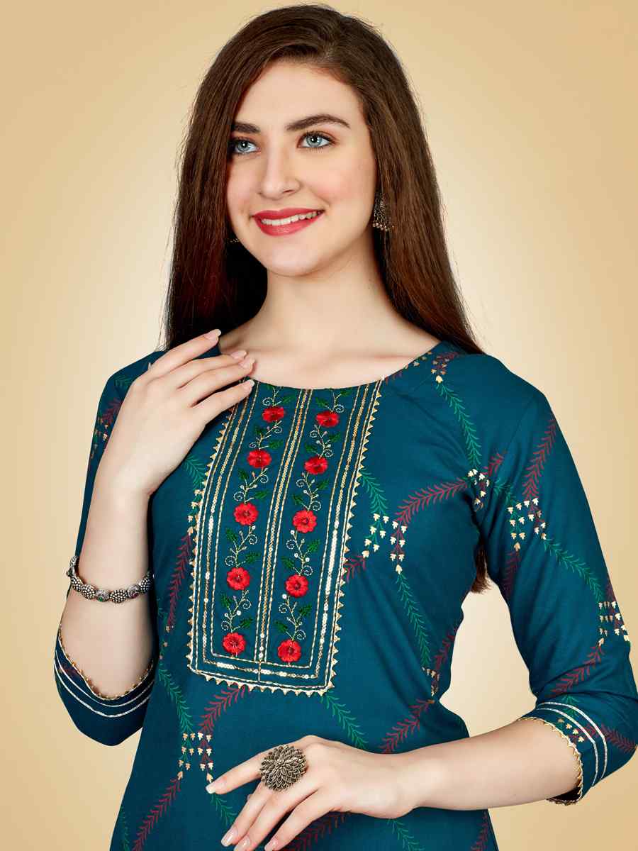 Teal Heavy Rayon 14 Kgs Embroidered Festival Casual Kurti With Bottom