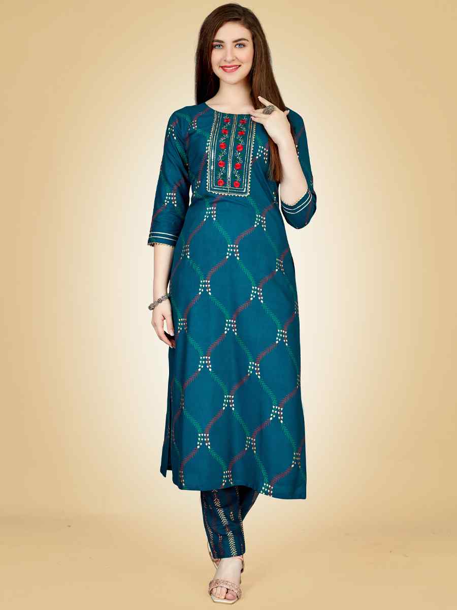 Teal Heavy Rayon 14 Kgs Embroidered Festival Casual Kurti