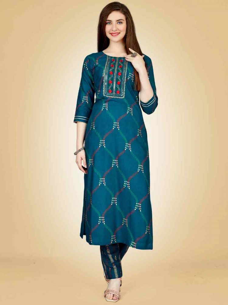 Teal Heavy Rayon 14 Kgs Embroidered Festival Casual Kurti With Bottom