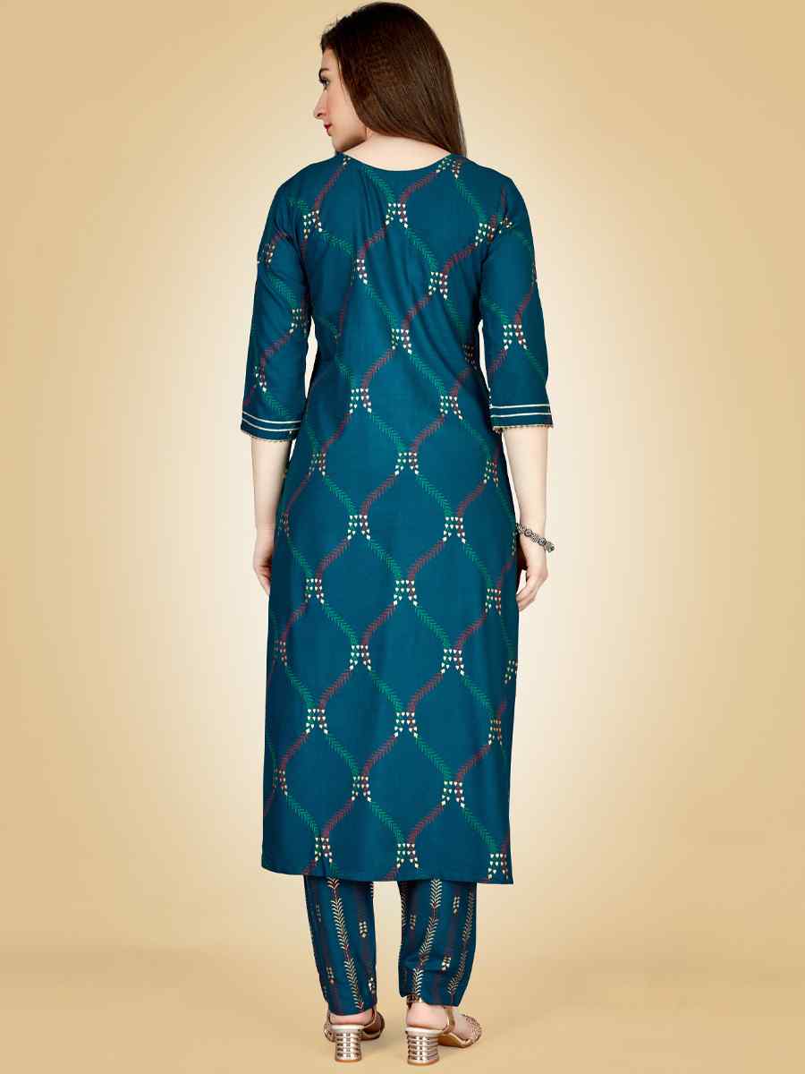 Teal Heavy Rayon 14 Kgs Embroidered Festival Casual Kurti With Bottom