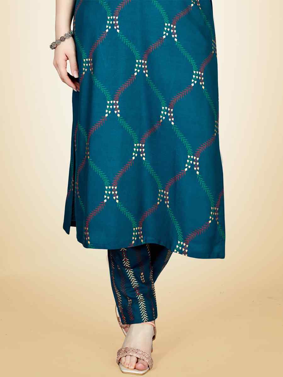 Teal Heavy Rayon 14 Kgs Embroidered Festival Casual Kurti With Bottom