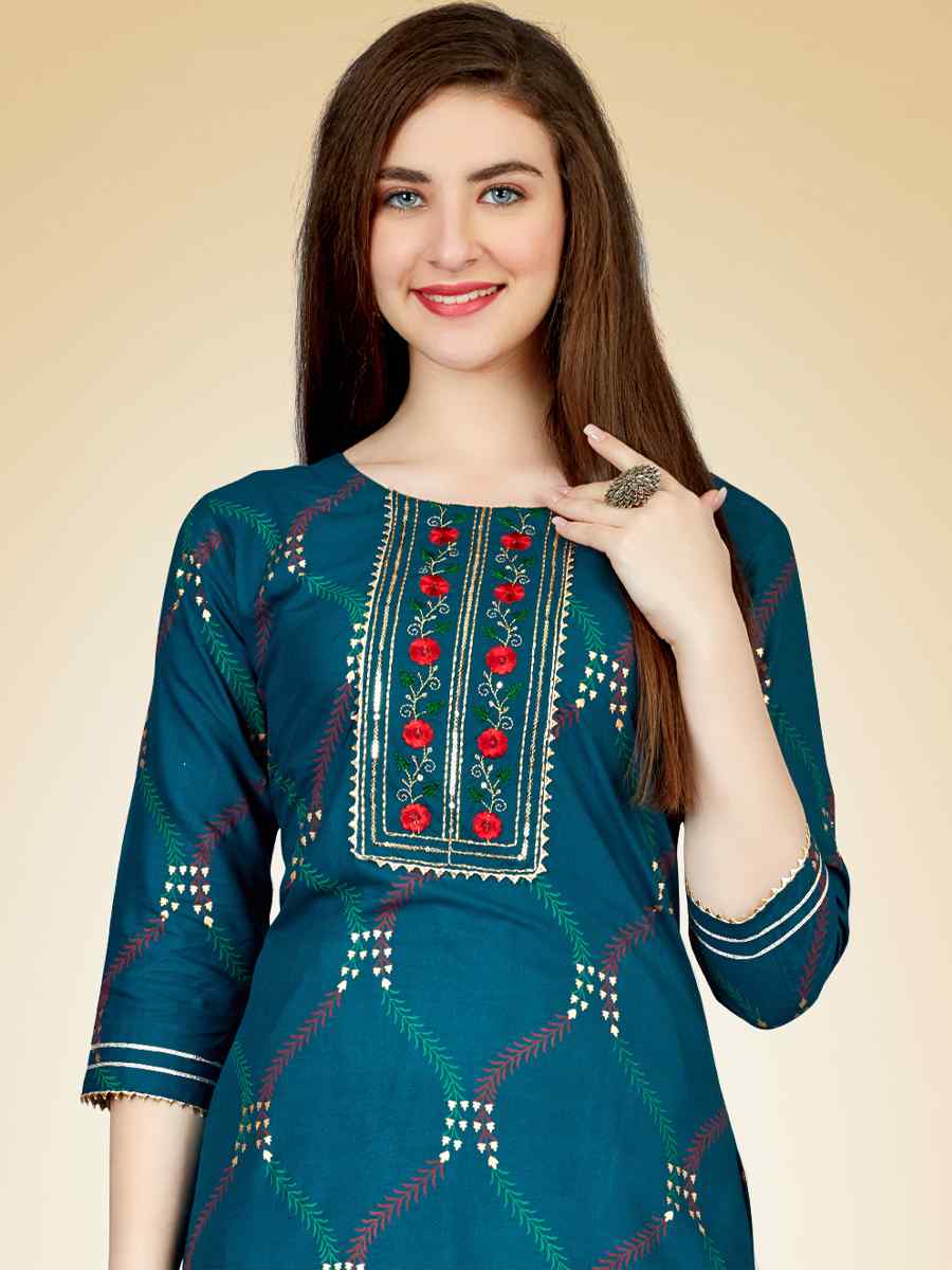 Teal Heavy Rayon 14 Kgs Embroidered Festival Casual Kurti With Bottom