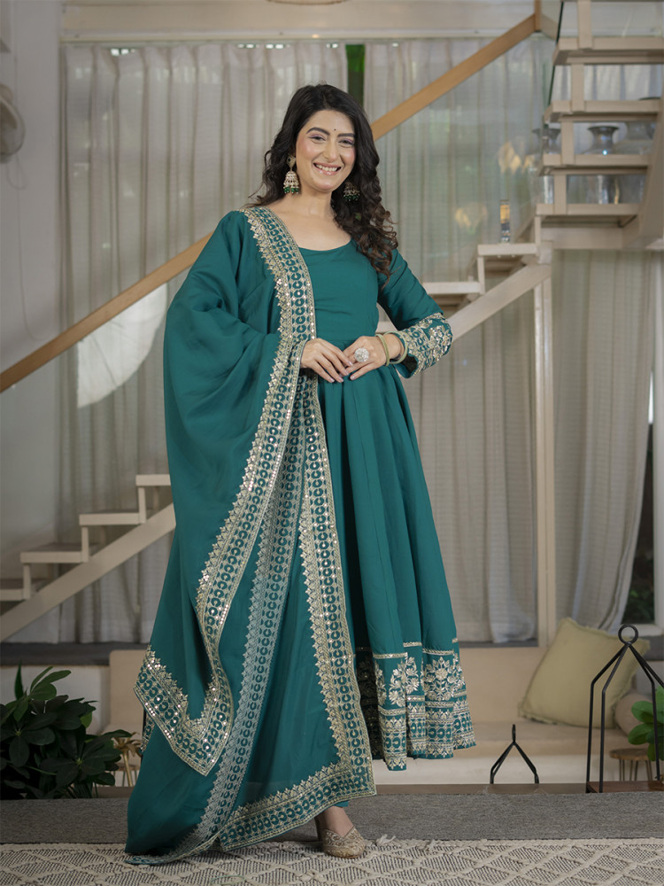 Image of Teal Heavy Roman Cotton Silk Embroidery Sequins Wedding Party Festival Casual Ready Anarkali Pant Salwar Kameez