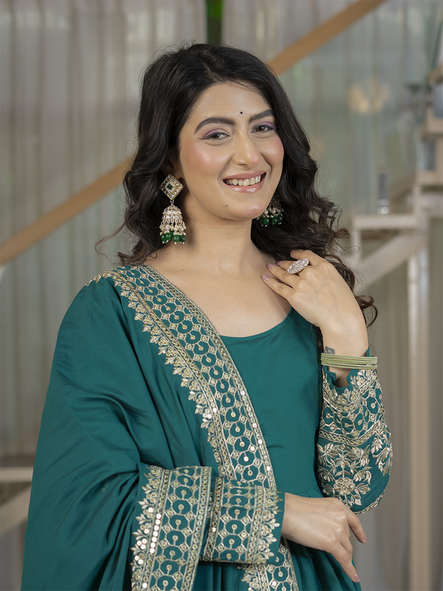 Teal Heavy Roman Cotton Silk Embroidery Sequins Wedding Party Festival Casual Ready Anarkali Pant Salwar Kameez