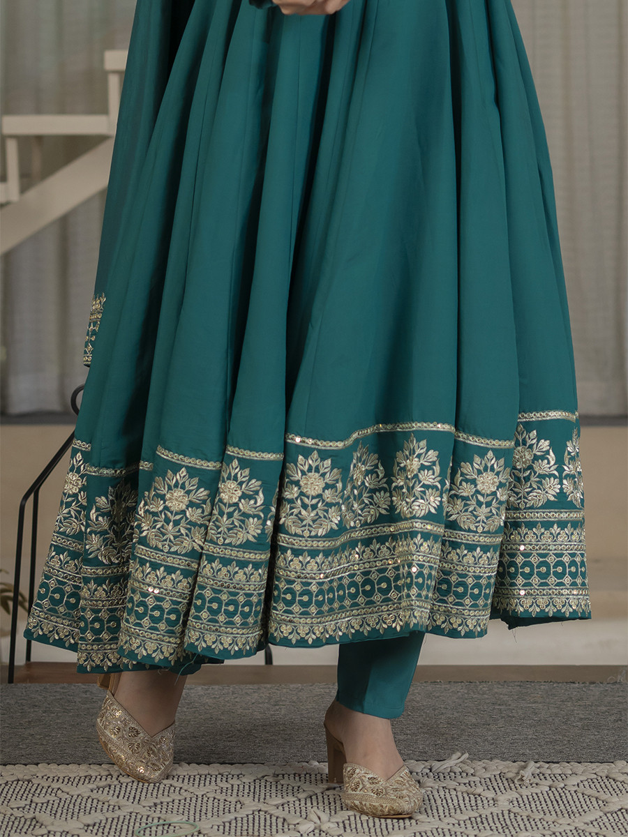 Teal Heavy Roman Cotton Silk Embroidery Sequins Wedding Party Festival Casual Ready Anarkali Pant Salwar Kameez
