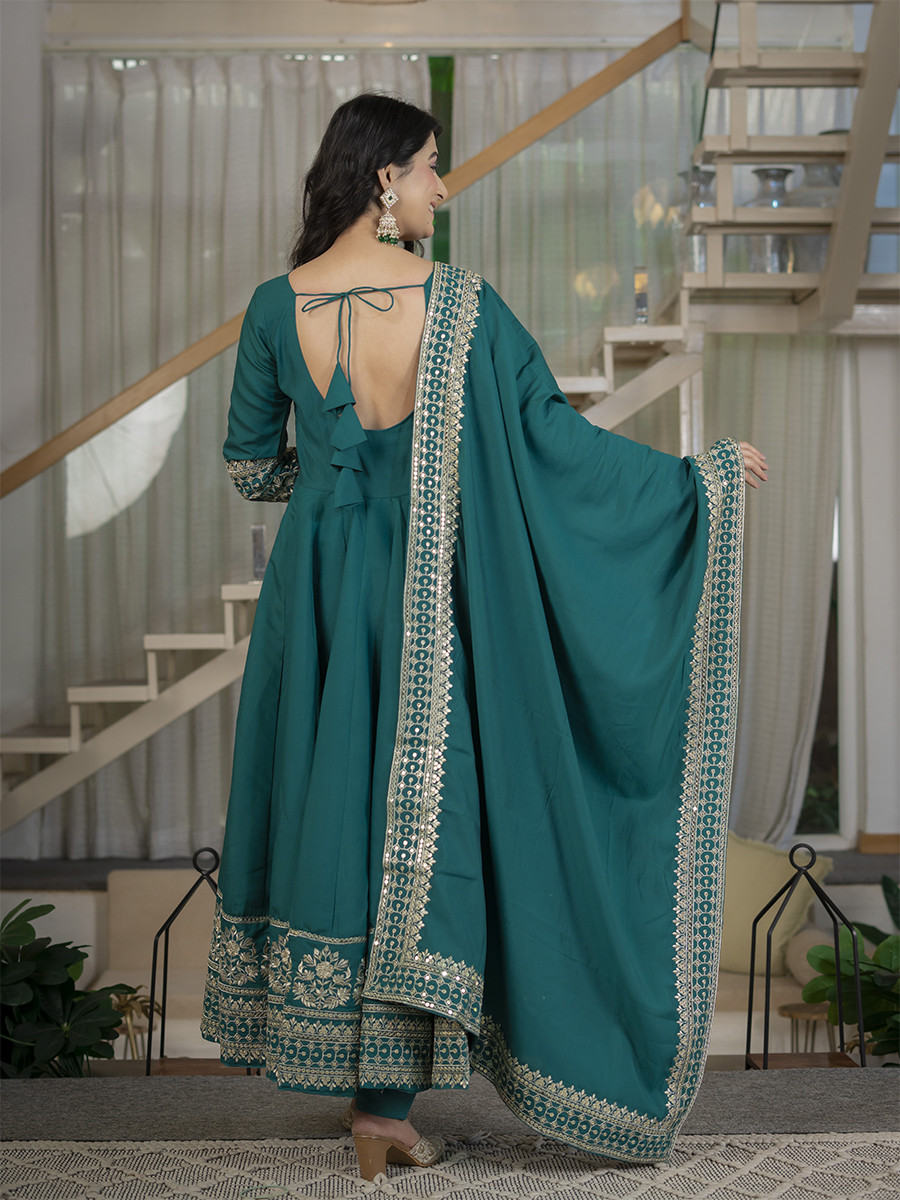 Teal Heavy Roman Cotton Silk Embroidery Sequins Wedding Party Festival Casual Ready Anarkali Pant Salwar Kameez