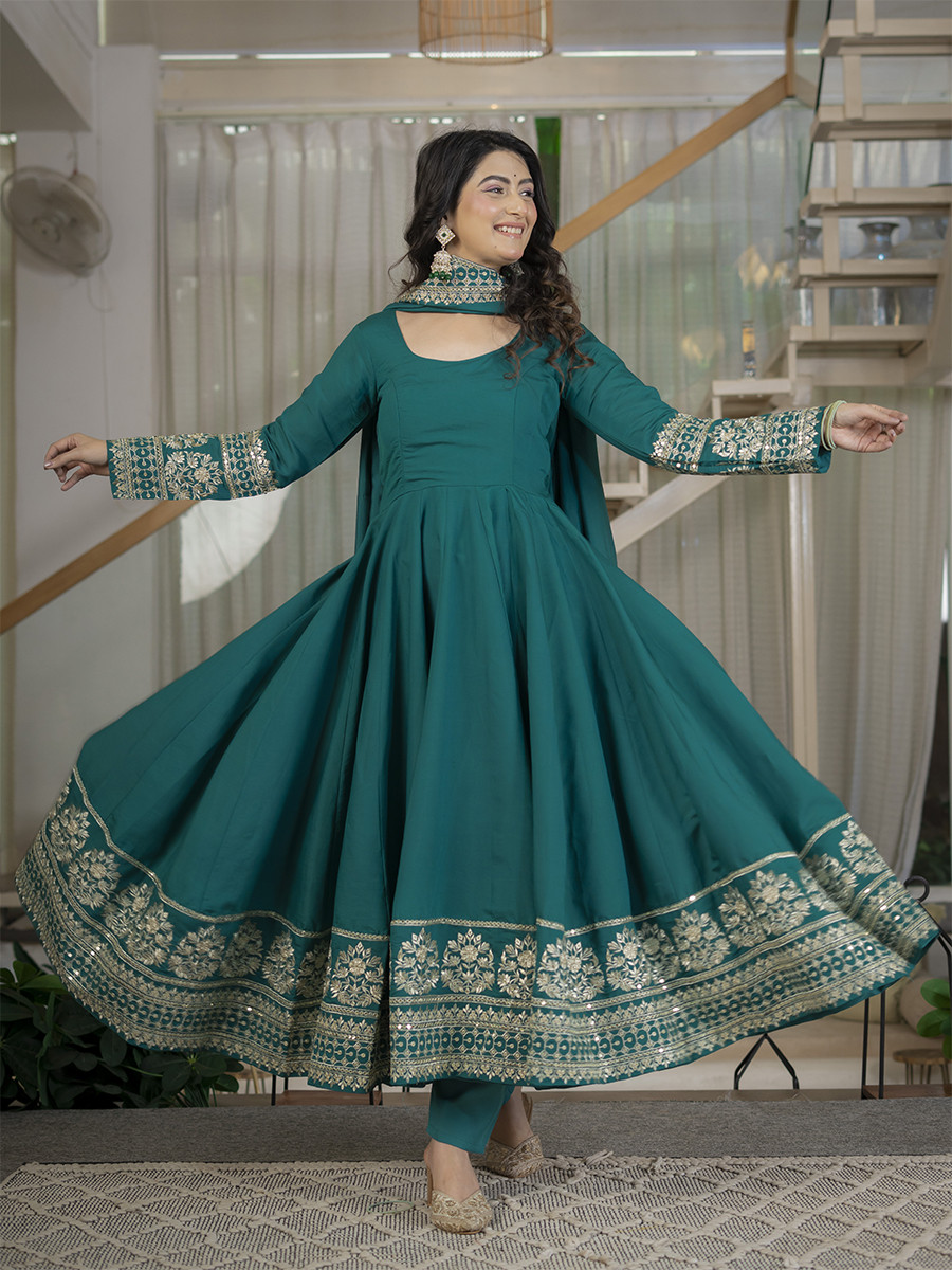 Teal Heavy Roman Cotton Silk Embroidery Sequins Wedding Party Festival Casual Ready Anarkali Pant Salwar Kameez