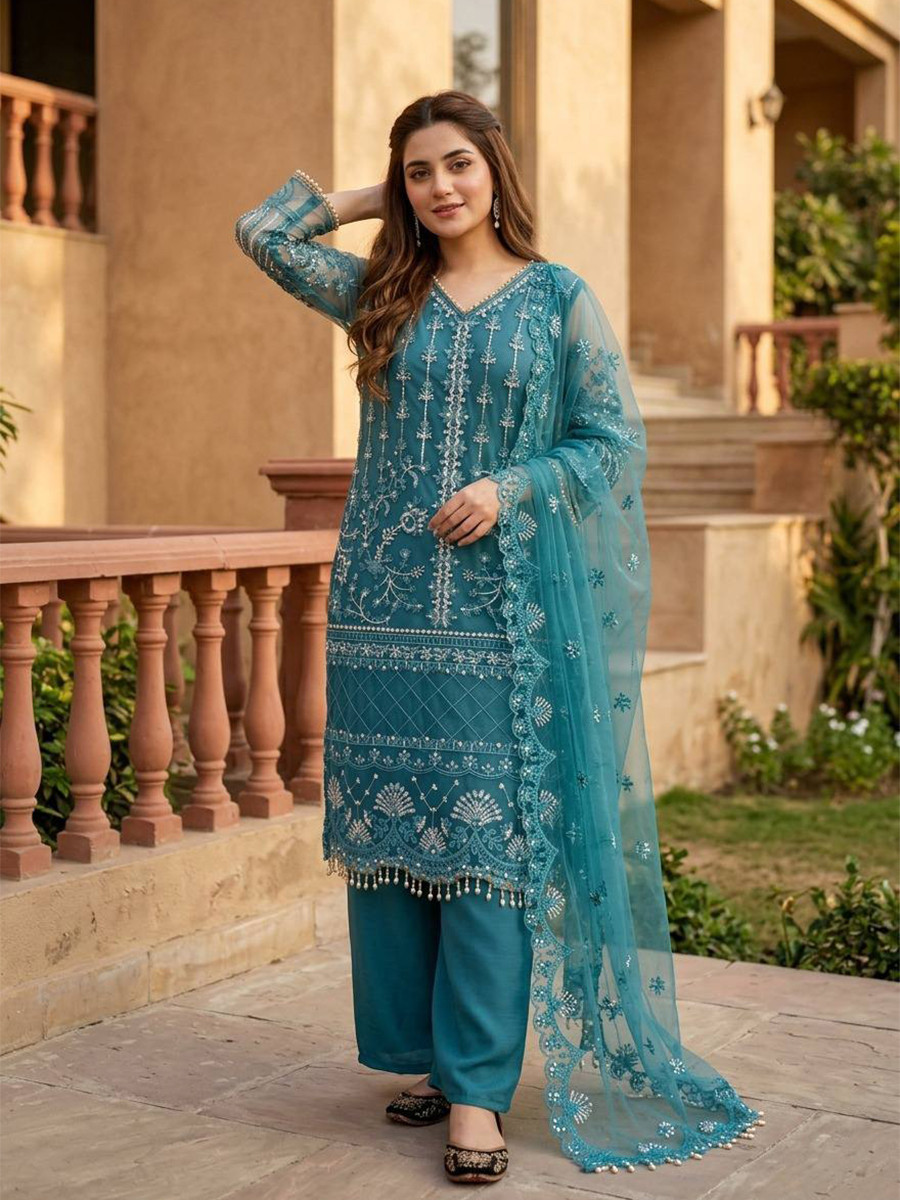Teal Heavy Soft Net Embroidery Sequins Beads Party Wedding Festival Casual Ready Palazzo Pant Salwar Kameez