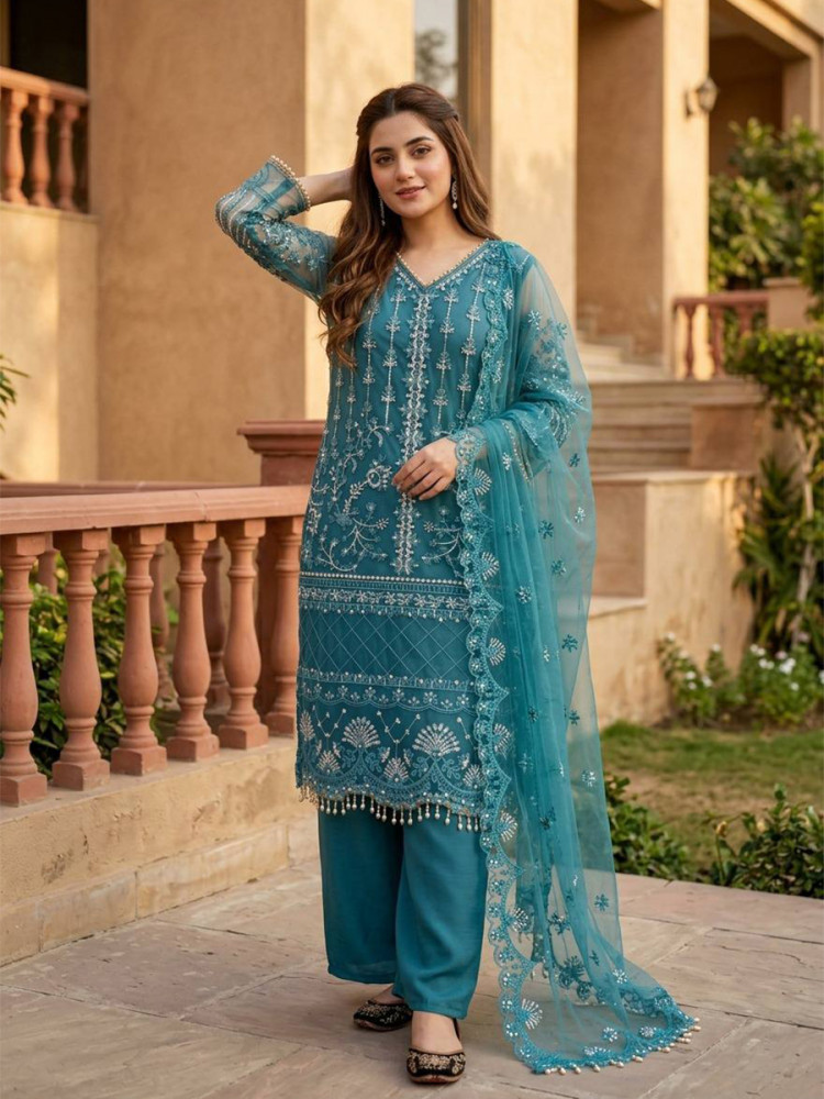 Image of Teal Heavy Soft Net Embroidery Sequins Beads Party Wedding Festival Casual Ready Palazzo Pant Salwar Kameez