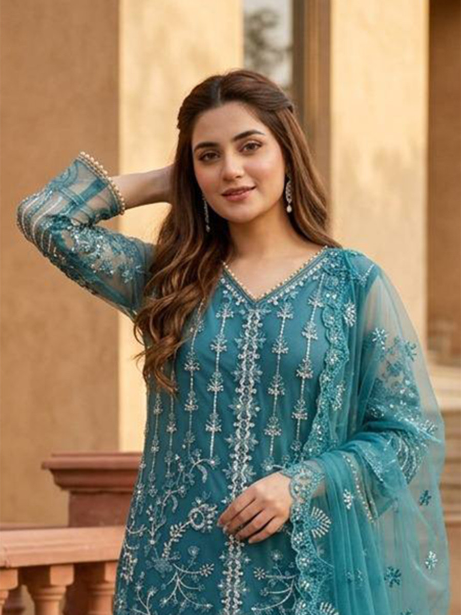 Teal Heavy Soft Net Embroidery Sequins Beads Party Wedding Festival Casual Ready Palazzo Pant Salwar Kameez