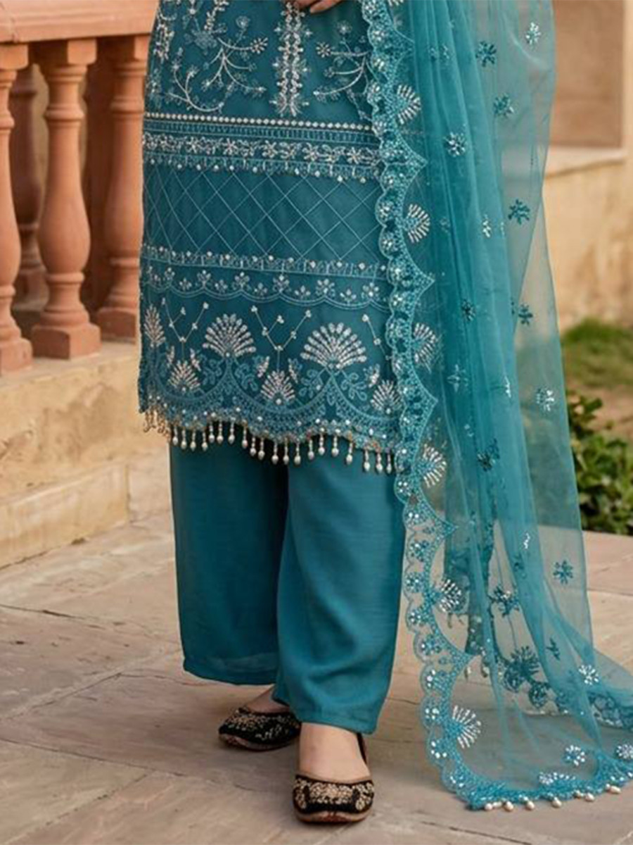 Teal Heavy Soft Net Embroidery Sequins Beads Party Wedding Festival Casual Ready Palazzo Pant Salwar Kameez