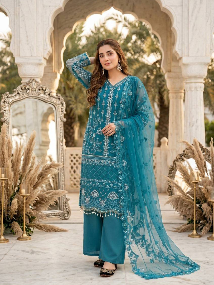 Teal Heavy Soft Net Embroidery Sequins Beads Party Wedding Festival Casual Ready Palazzo Pant Salwar Kameez