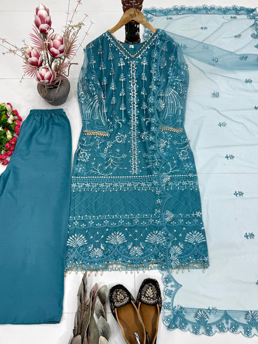 Teal Heavy Soft Net Embroidery Sequins Beads Party Wedding Festival Casual Ready Palazzo Pant Salwar Kameez