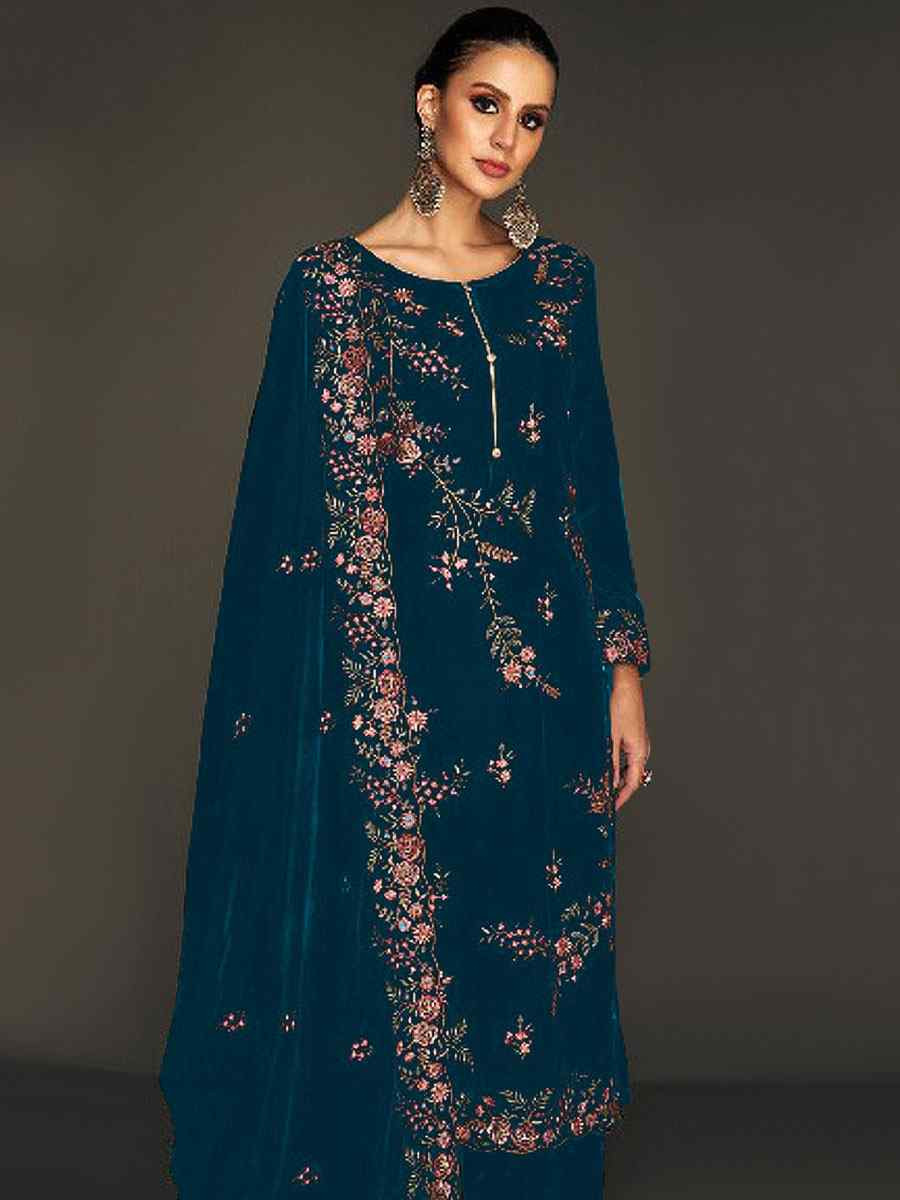 Teal Heavy Velvet Embroidered Festival Wedding Pant Salwar Kameez