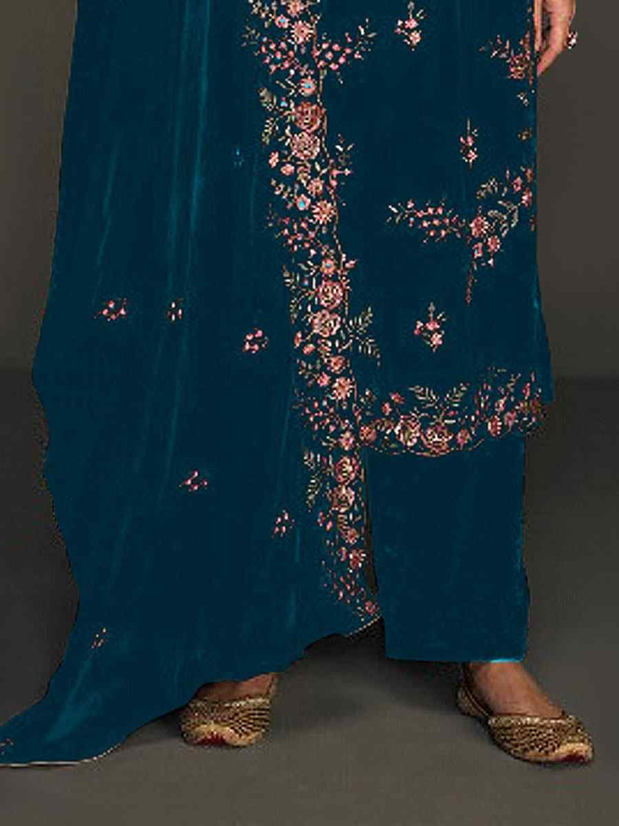 Teal Heavy Velvet Embroidered Festival Wedding Pant Salwar Kameez