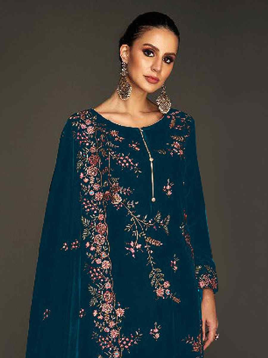 Teal Heavy Velvet Embroidered Festival Wedding Pant Salwar Kameez