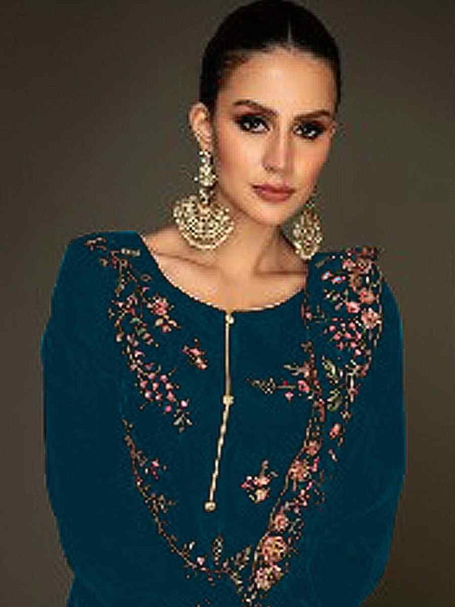 Teal Heavy Velvet Embroidered Festival Wedding Pant Salwar Kameez
