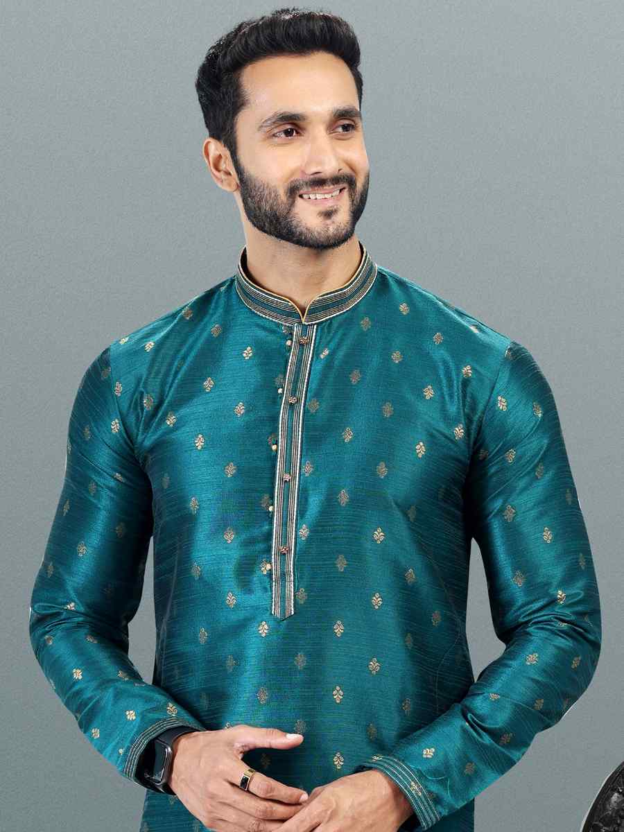 Teal Jacquard Banarasi Silk Woven Festival Wedding Kurta