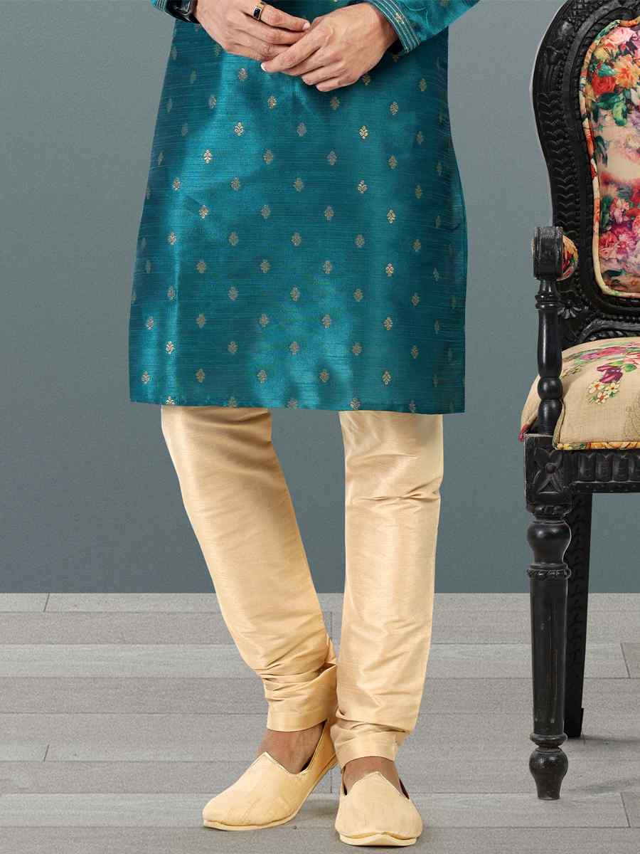 Teal Jacquard Banarasi Silk Woven Festival Wedding Kurta