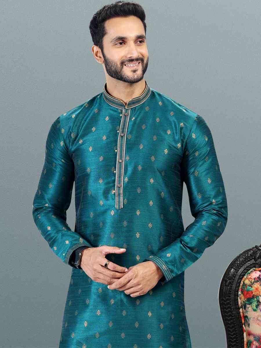 Teal Jacquard Banarasi Silk Woven Festival Wedding Kurta