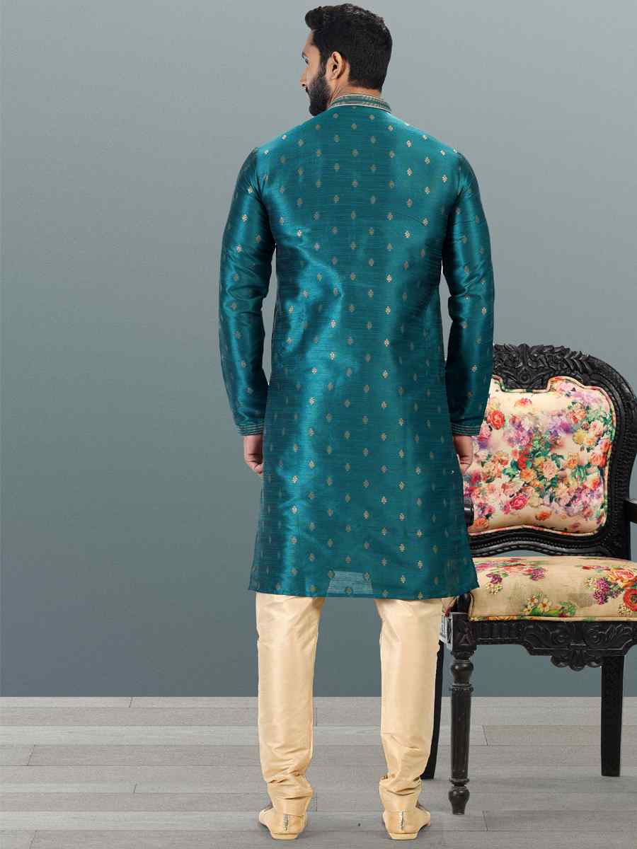 Teal Jacquard Banarasi Silk Woven Festival Wedding Kurta