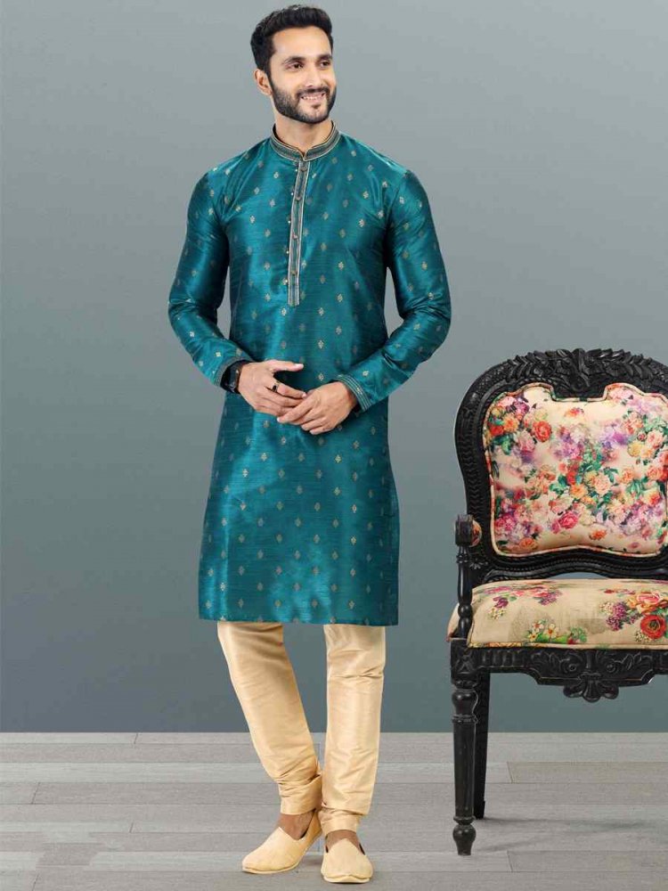 Teal Jacquard Banarasi Silk Woven Festival Wedding Kurta