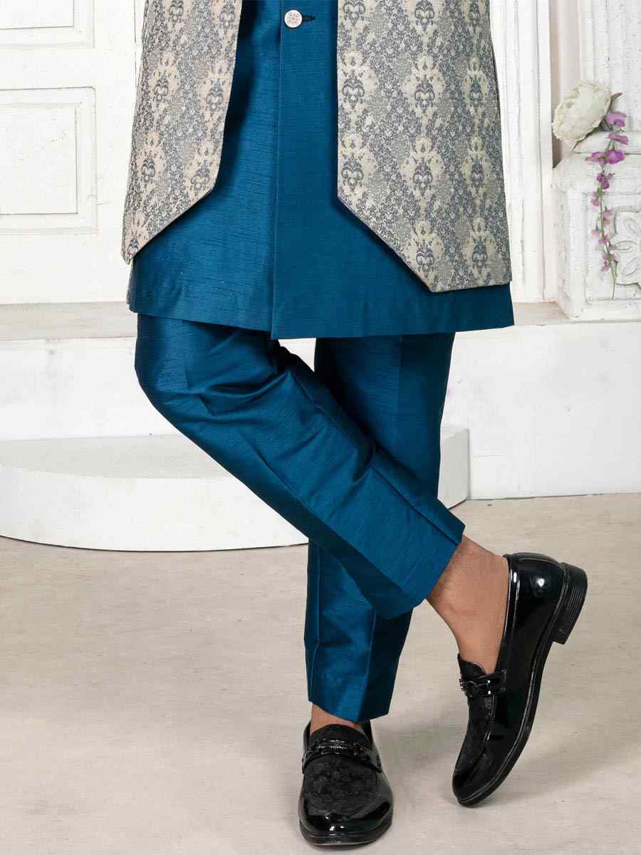 Teal Jacquard Embroidered Wedding Groom Sherwani