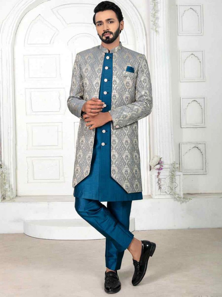 Teal Jacquard Embroidered Wedding Groom Sherwani