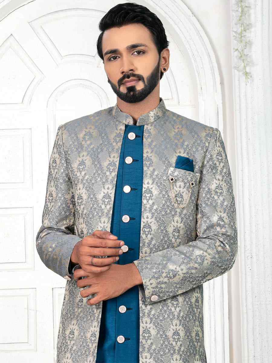 Teal Jacquard Embroidered Wedding Groom Sherwani