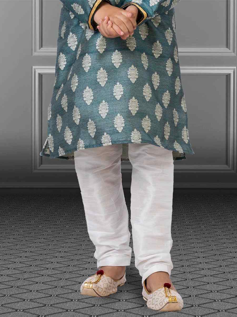 Teal Jacquard Silk Embroidered Festival Kurta Pyjama Boys Wear