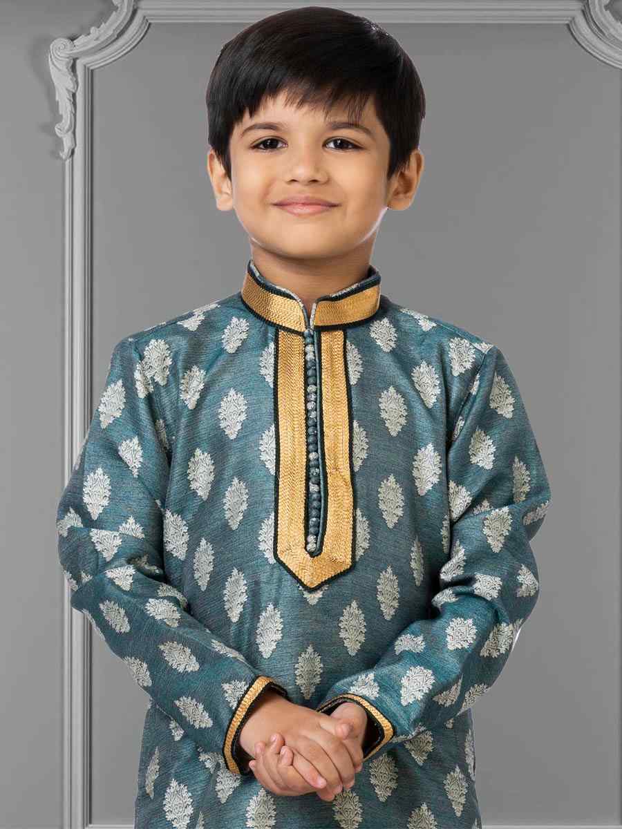 Teal Jacquard Silk Embroidered Festival Kurta Pyjama Boys Wear