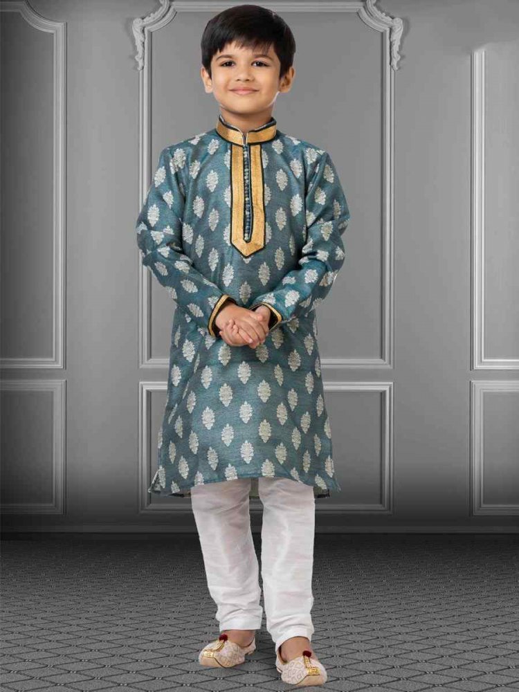 Teal Jacquard Silk Embroidered Festival Kurta Pyjama Boys Wear