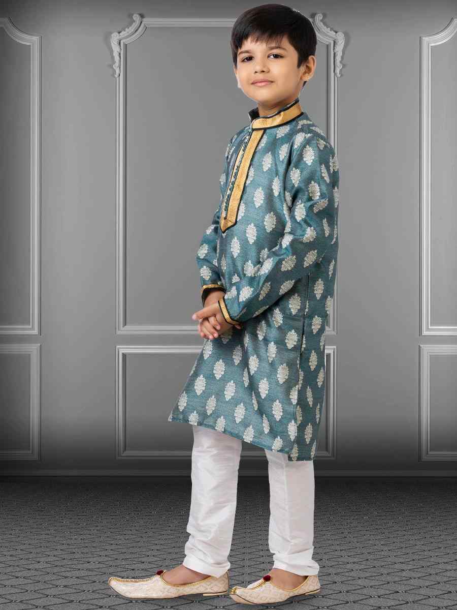 Teal Jacquard Silk Embroidered Festival Kurta Pyjama Boys Wear