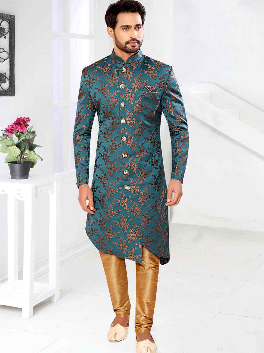 Teal Jacquard Woven Party Wedding Sherwani