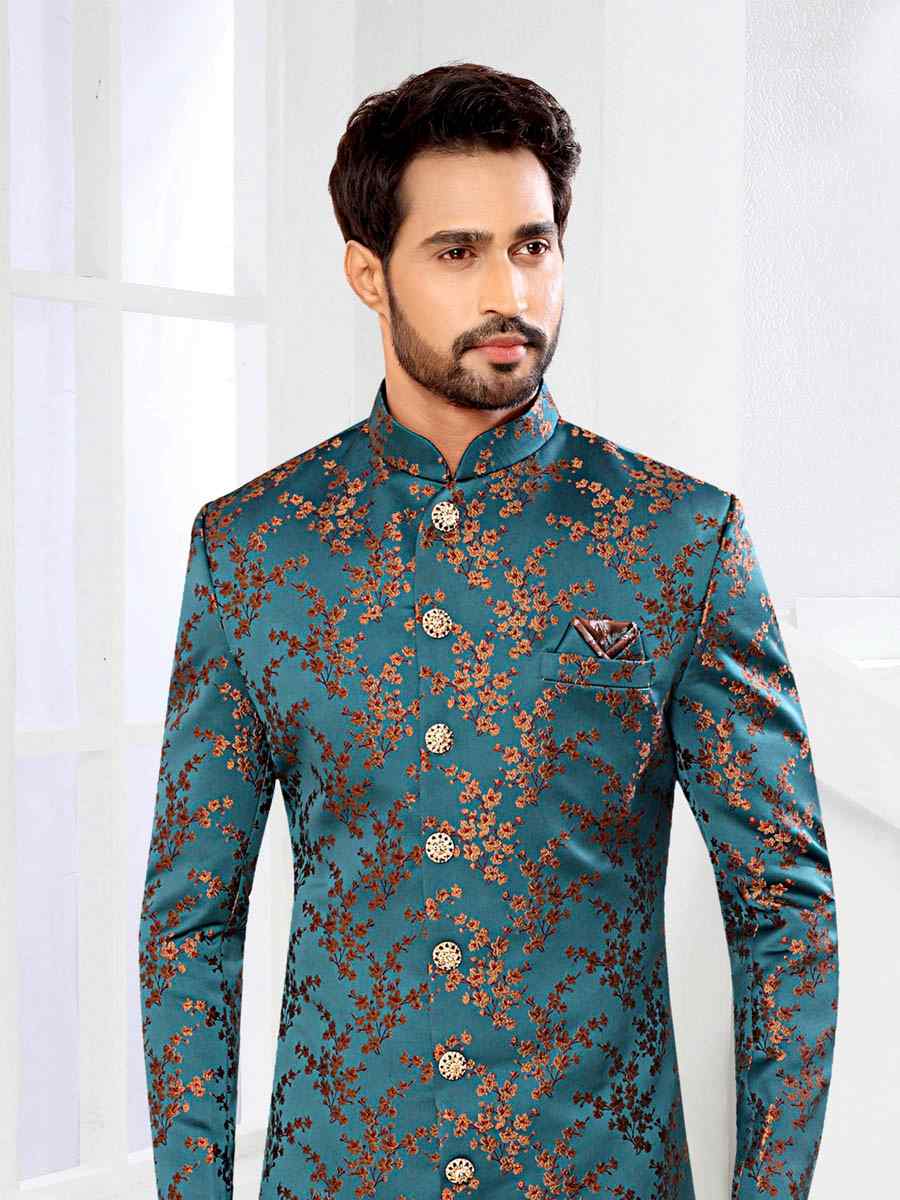 Teal Jacquard Woven Party Wedding Sherwani