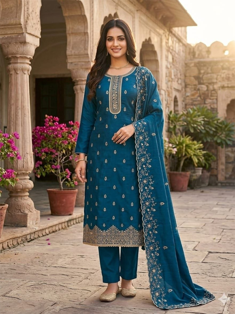 Teal Jalpari Silk Embroidery Wedding Party Festival Casual Pant Salwar Kameez
