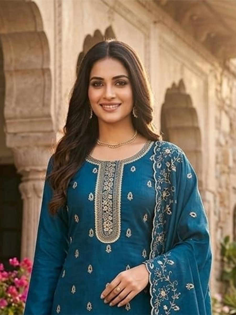 Teal Jalpari Silk Embroidery Wedding Party Festival Casual Pant Salwar Kameez
