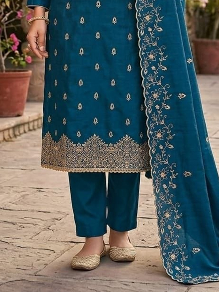 Teal Jalpari Silk Embroidery Wedding Party Festival Casual Pant Salwar Kameez