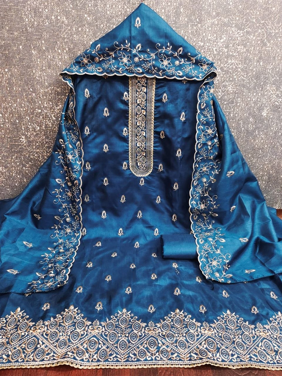 Teal Jalpari Silk Embroidery Wedding Party Festival Casual Pant Salwar Kameez